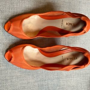 FENDI Orange Mesh & Leather Peeptoe Wedges, no ribbon around ankle, just slop on